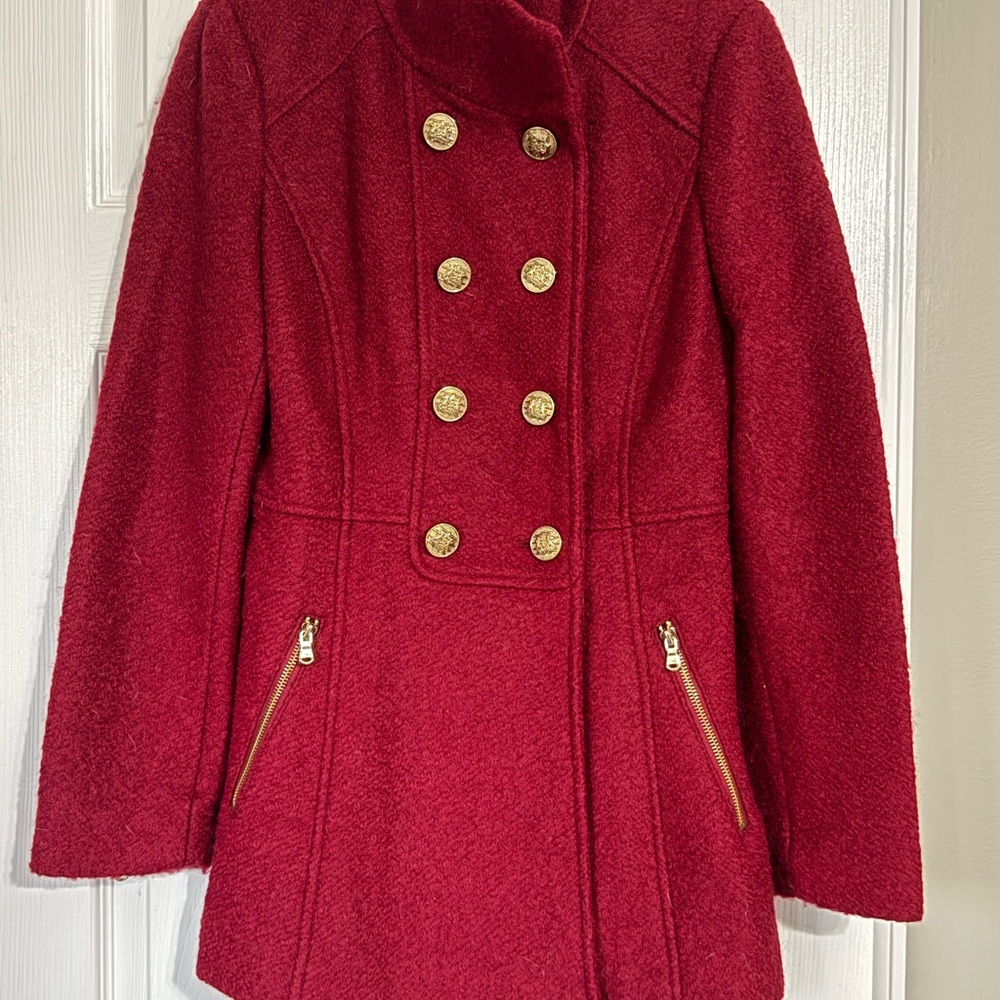 Guess Red Pea Coat with Gold Buttons